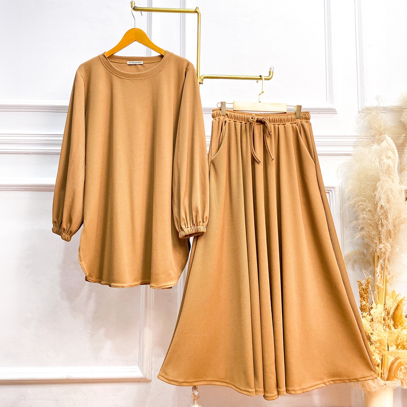 Oneset Baju Kurung Oval Waffle Knit - Setelan Rok dan Celana Baju Kurung Waffle Knit Premium