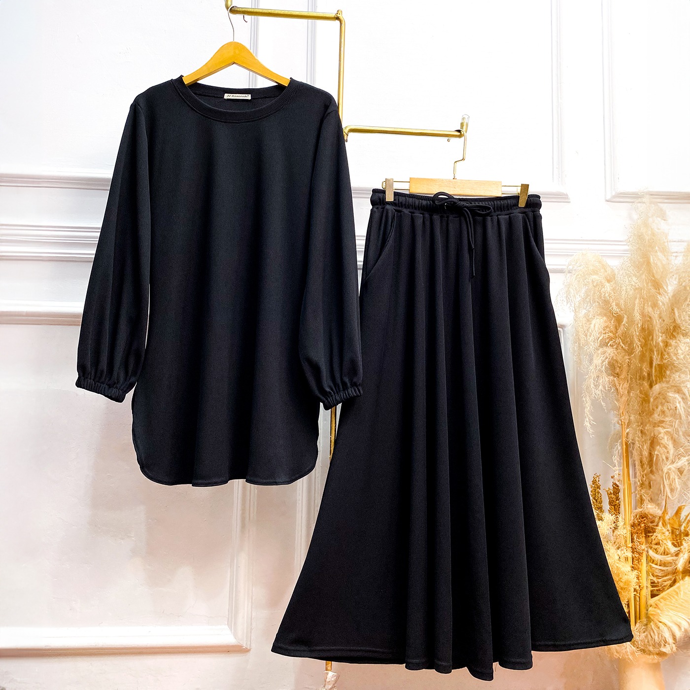 Oneset Baju Kurung Oval Waffle Knit - Setelan Rok dan Celana Baju Kurung Waffle Knit Premium