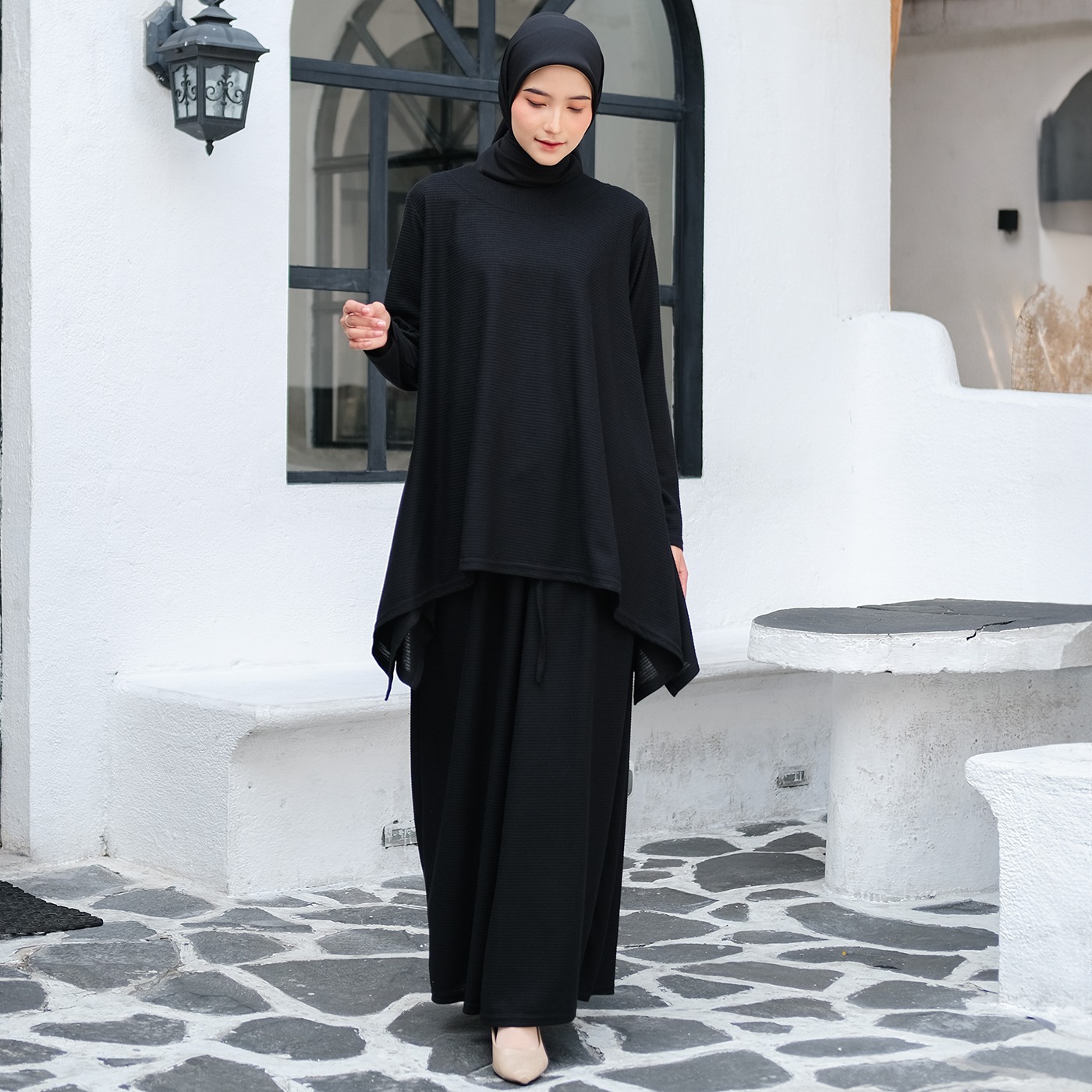 Oneset Simple Waffle Knit Series Black - SetelanSimple  Rok dan Kulot Kaos Knit Waffle