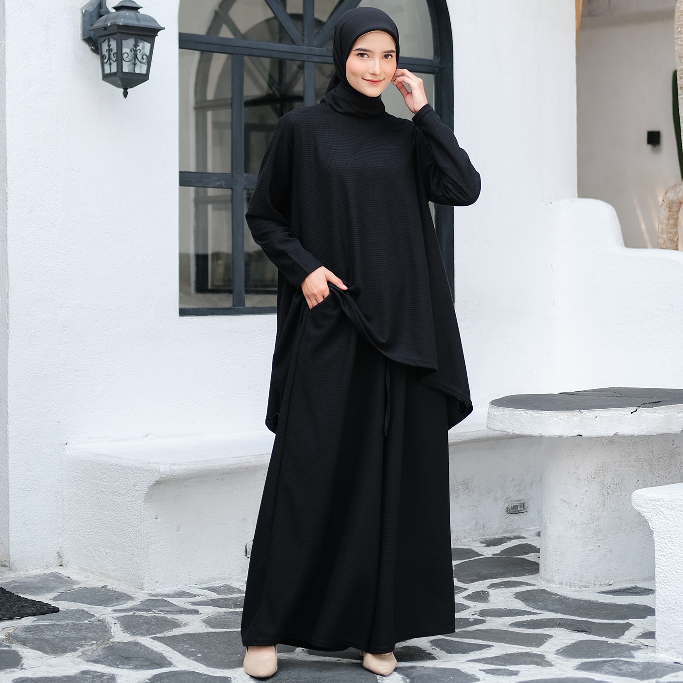 Oneset Simple Waffle Knit Series Black - SetelanSimple  Rok dan Kulot Kaos Knit Waffle