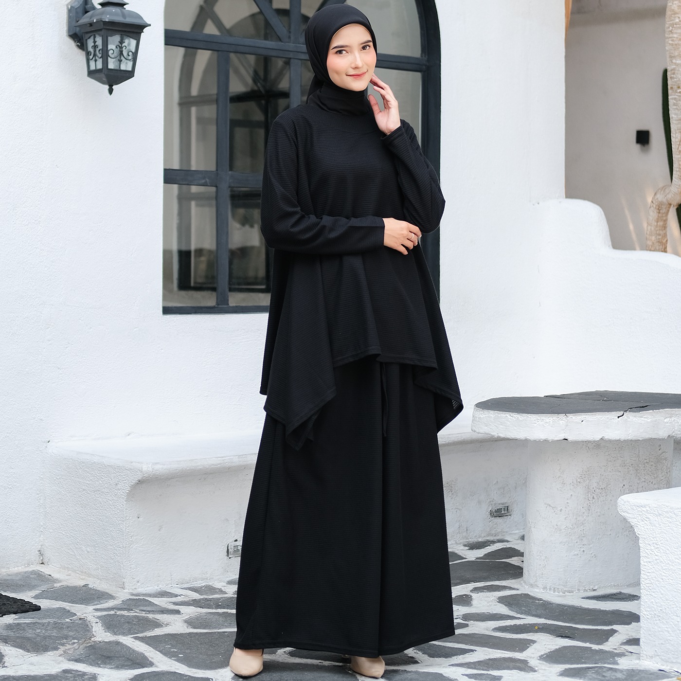 Oneset Simple Waffle Knit Series Black - SetelanSimple  Rok dan Kulot Kaos Knit Waffle