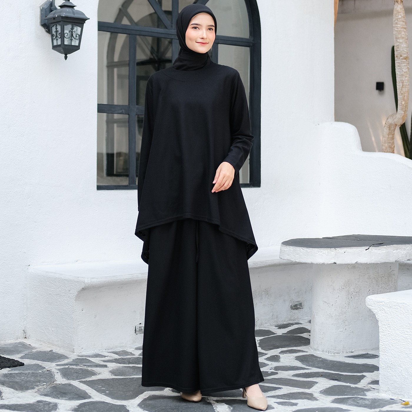 Oneset Simple Waffle Knit Series Black - SetelanSimple  Rok dan Kulot Kaos Knit Waffle