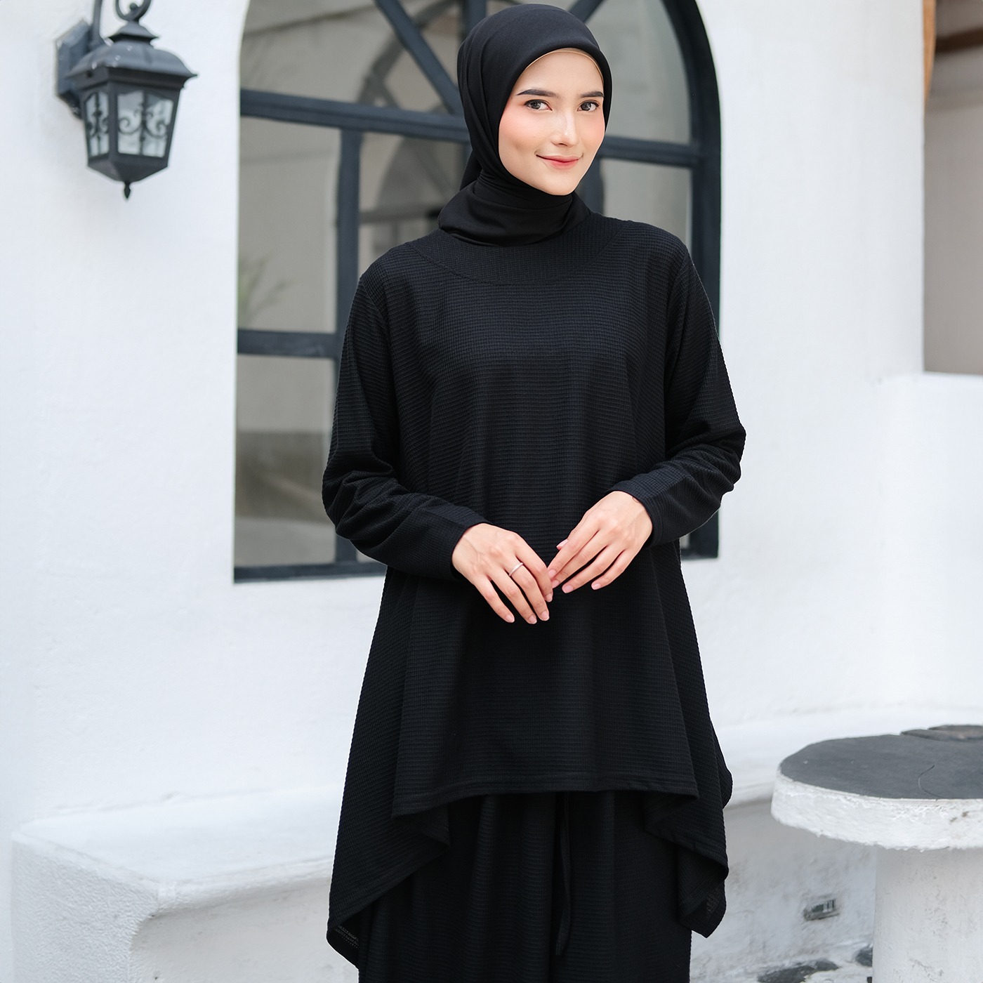 Oneset Simple Waffle Knit Series Black - SetelanSimple  Rok dan Kulot Kaos Knit Waffle