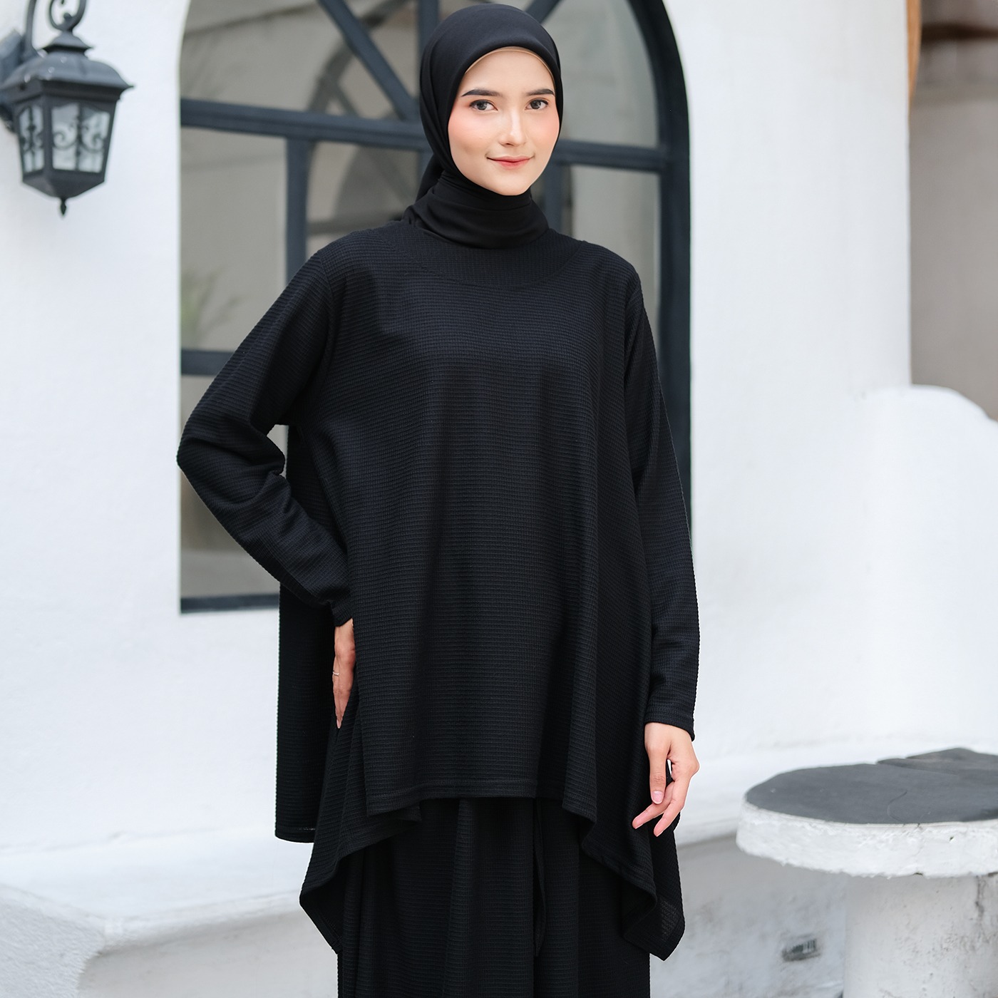 Oneset Simple Waffle Knit Series Black - SetelanSimple  Rok dan Kulot Kaos Knit Waffle