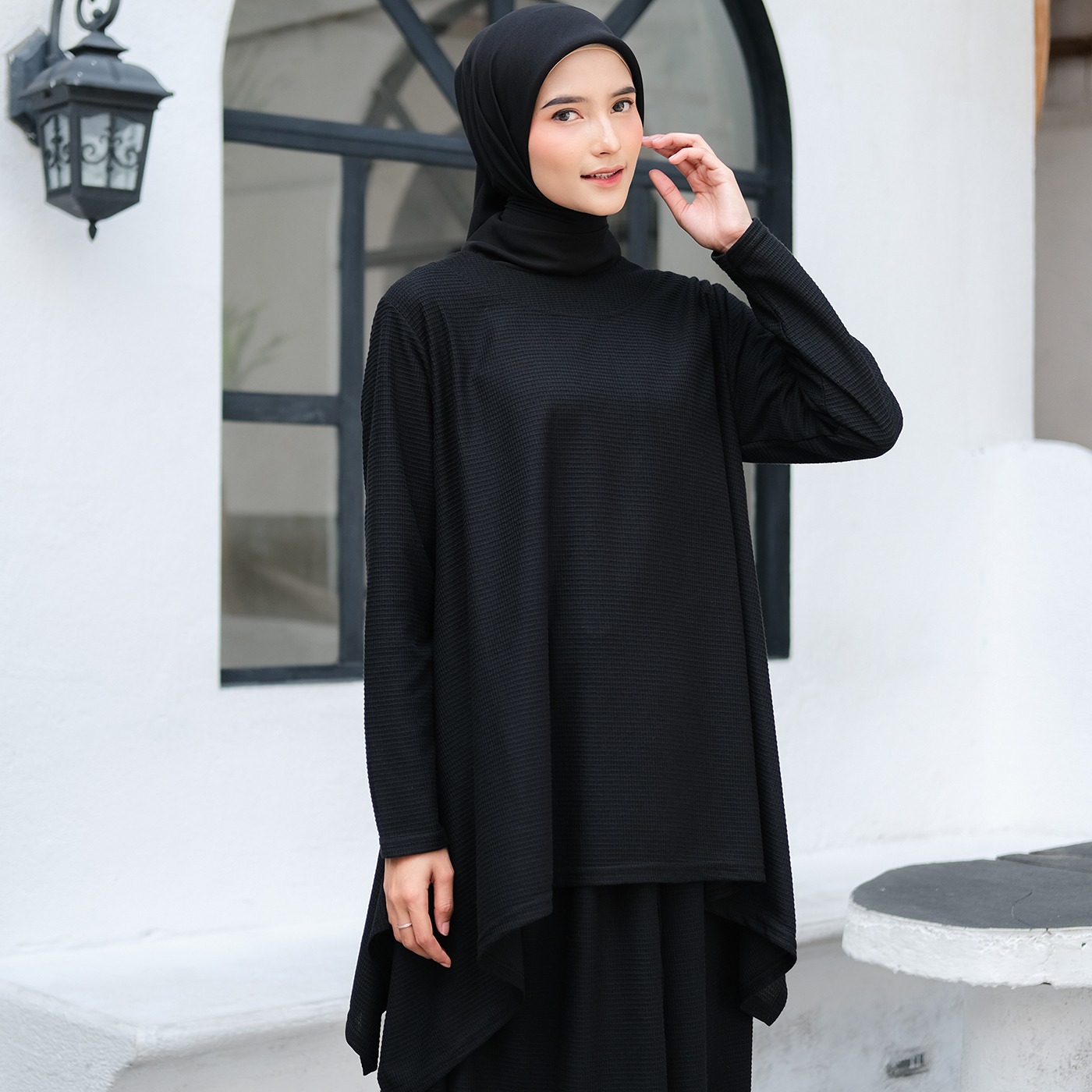 Oneset Simple Waffle Knit Series Black - SetelanSimple  Rok dan Kulot Kaos Knit Waffle