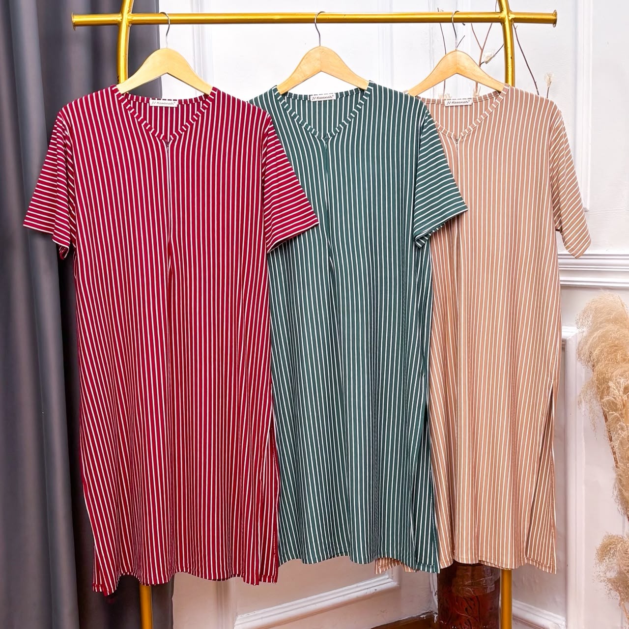 Safa Tunik Inner Outer Salur Wanita - Tunik Lengan Pendek Salur Adem Jumbo