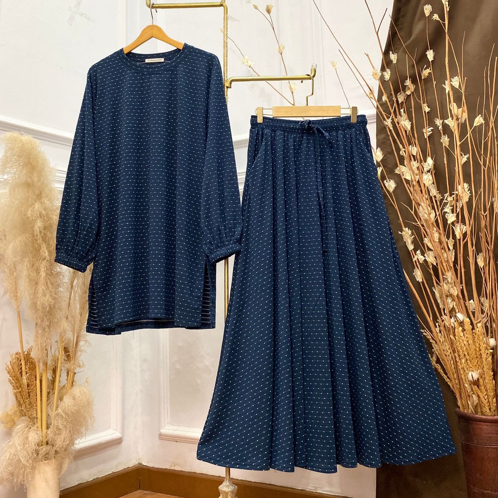 Oneset Polkadot Baju Kurung Skirt - Setelan Rok Baju Kurung Jumbo Spandex Rayon