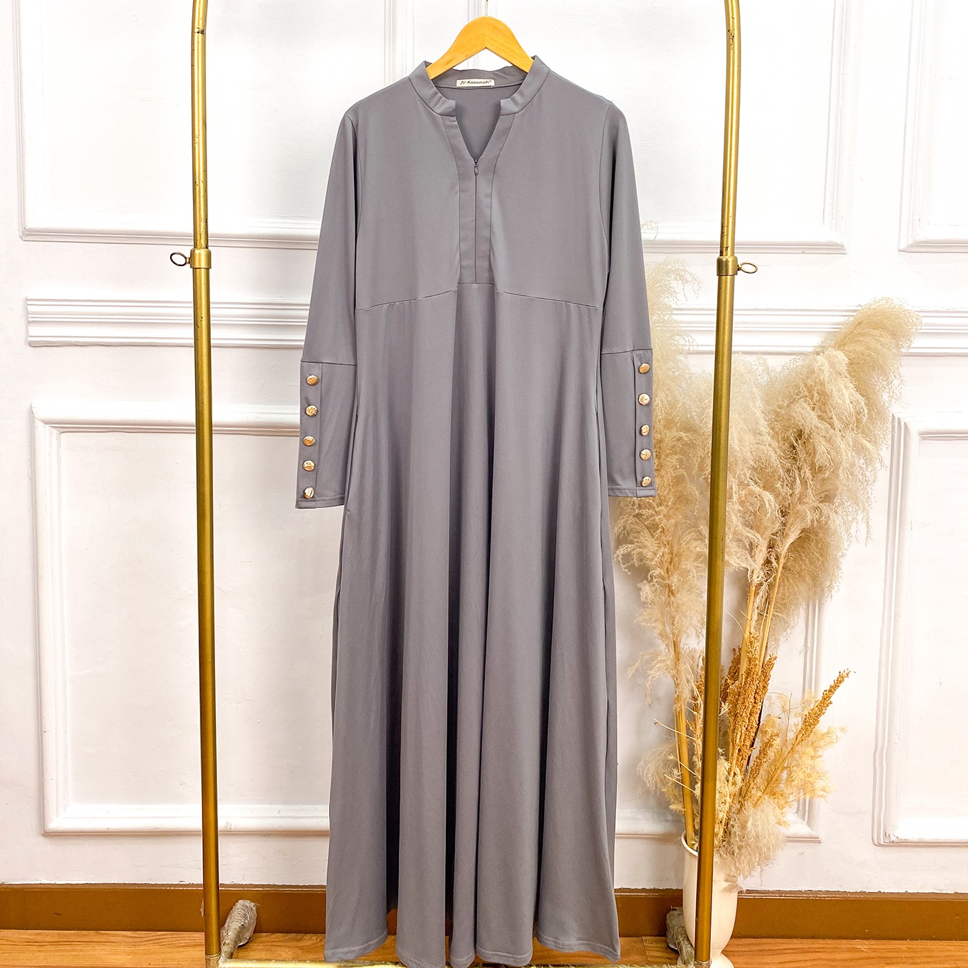 Asyifa Rayon Kancing Dress - Gamis Basic Krah V Tangan Kancing Rayon Adem