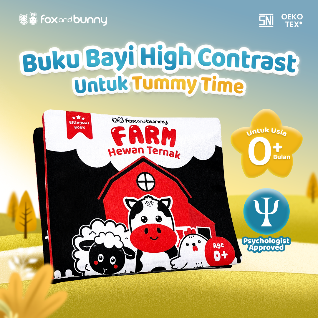 Foxandbunny Mainan Bayi Buku Edukasi Tummy Time Hitam Putih Contrast Book Usia 0-6 Bulan Baby Book Tema Farm Hewan Ternak