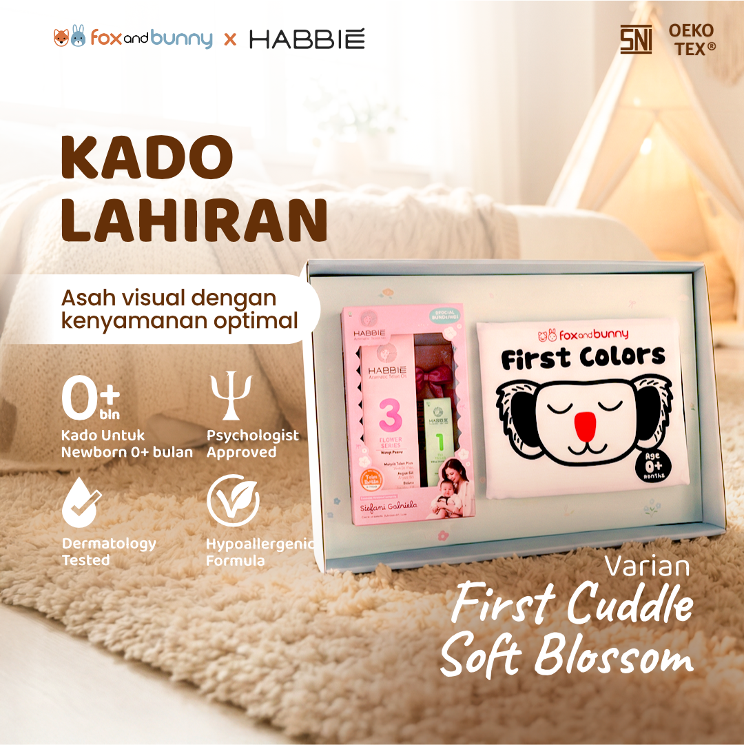 Foxandbunny x Habbie - Hampers First Cuddle Kado Lahiran Bayi Usia 0+ Bulan Mainan Edukasi Baby Newborn Aromatic Telon Oil Tea & Flower Series 100 ml