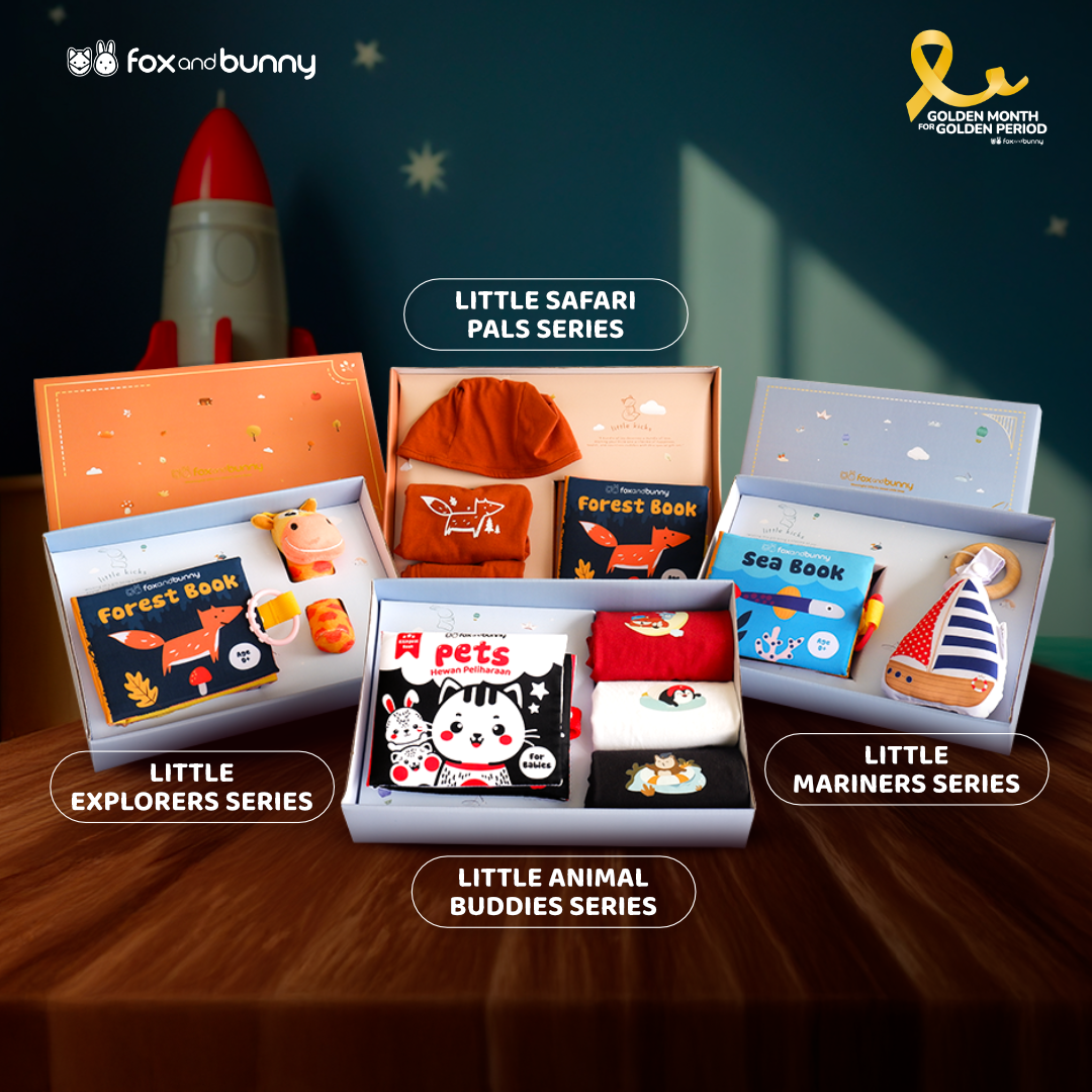 Foxandbunny - Hampers Little Wanderers Newborn Usia 0+ Bulan | Kado Lahiran Baby Book Soft Book Mainan Teether Rattle Jumpsuit Outfit Set Baju Bayi | Hadiah Bayi Newborn