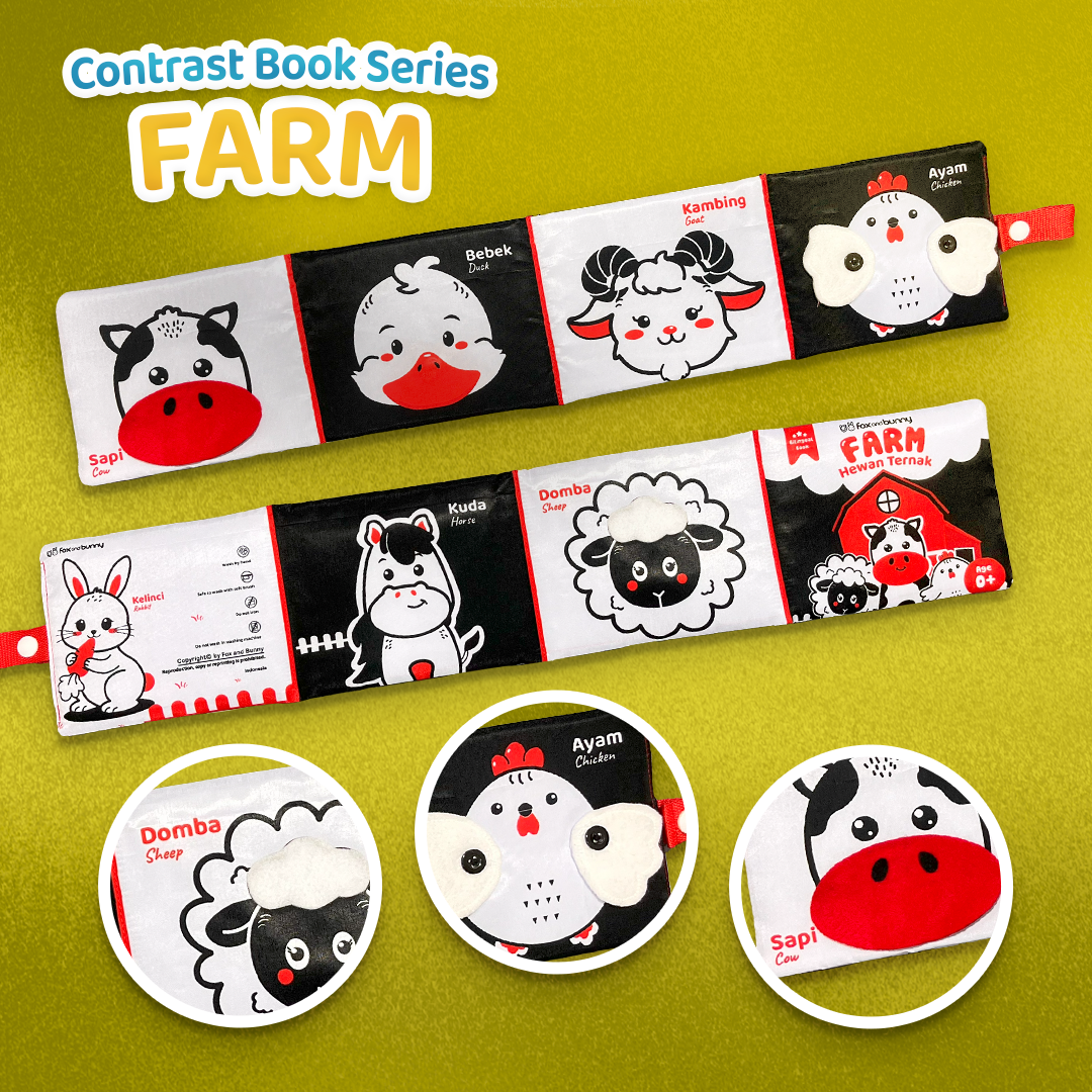 Foxandbunny Mainan Bayi Buku Edukasi Tummy Time Hitam Putih Contrast Book Usia 0-6 Bulan Baby Book Tema Farm Hewan Ternak