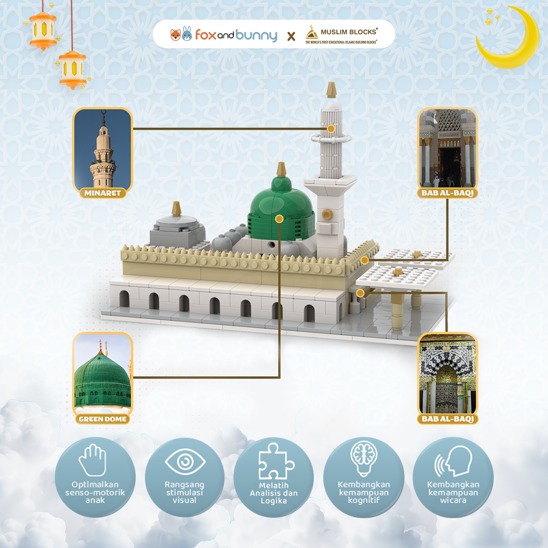 Foxandbunny x Muslim Blocks - Mainan Balok Susun Edukatif Islami Anak Usia 4+ Tahun | The Holy Kaaba Block Set Masjid An-Nabawi Masjid Sultan Ahmed Set Blok Bangunan Premium