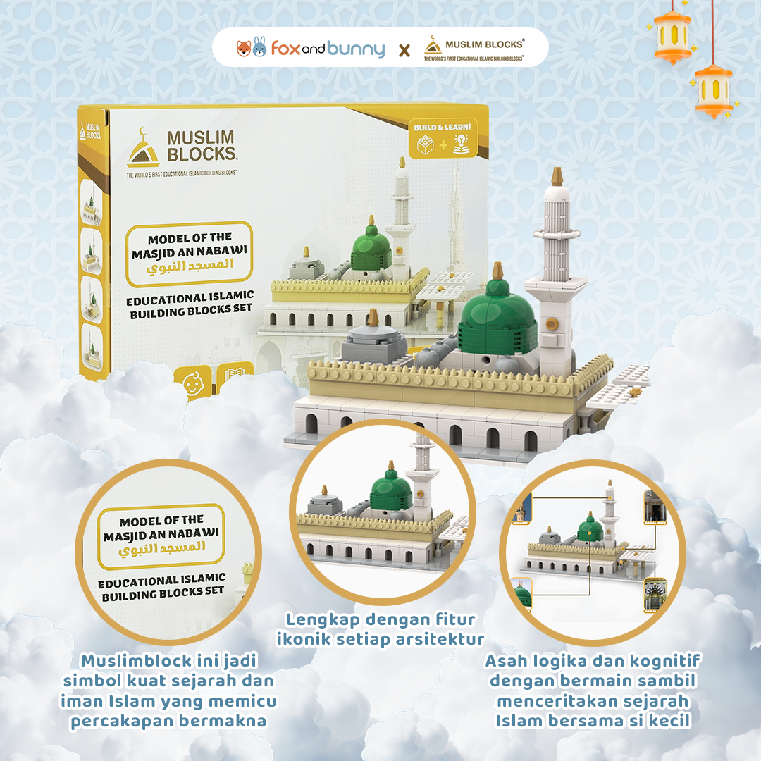 Foxandbunny x Muslim Blocks - Masjid An-Nabawi Block Set | Mainan Balok Susun Edukatif Islami Anak Usia 4+ Tahun | Set Blok Bangunan Model Masjid An-Nabawi Premium
