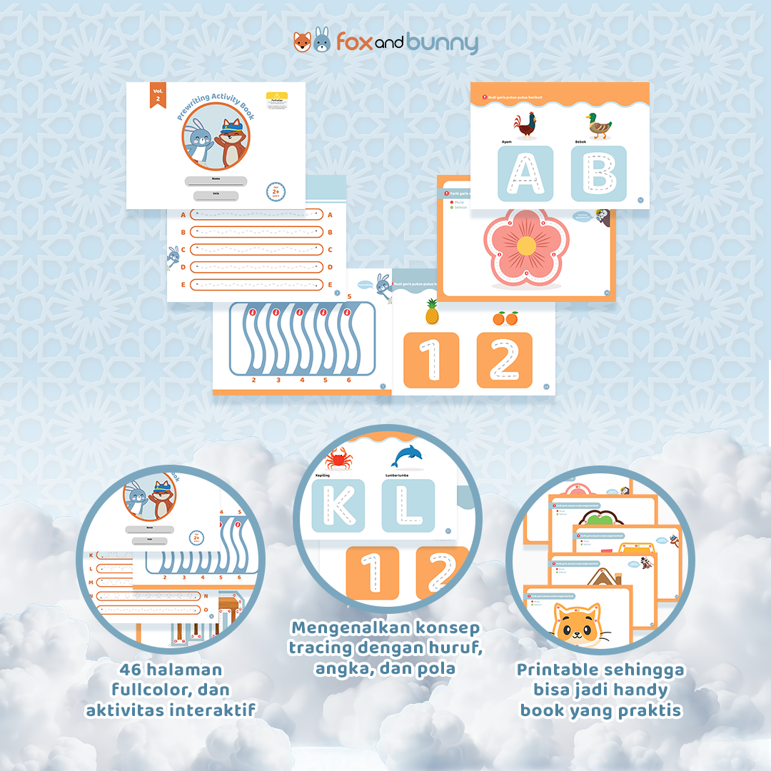 Foxandbunny - Pre-Writing Activity Book Vol. 2 | E-Book Edukasi Bayi Anak Usia 2+ Tahun | Buku Aktivitas Pra-tulis Untuk Si Kecil