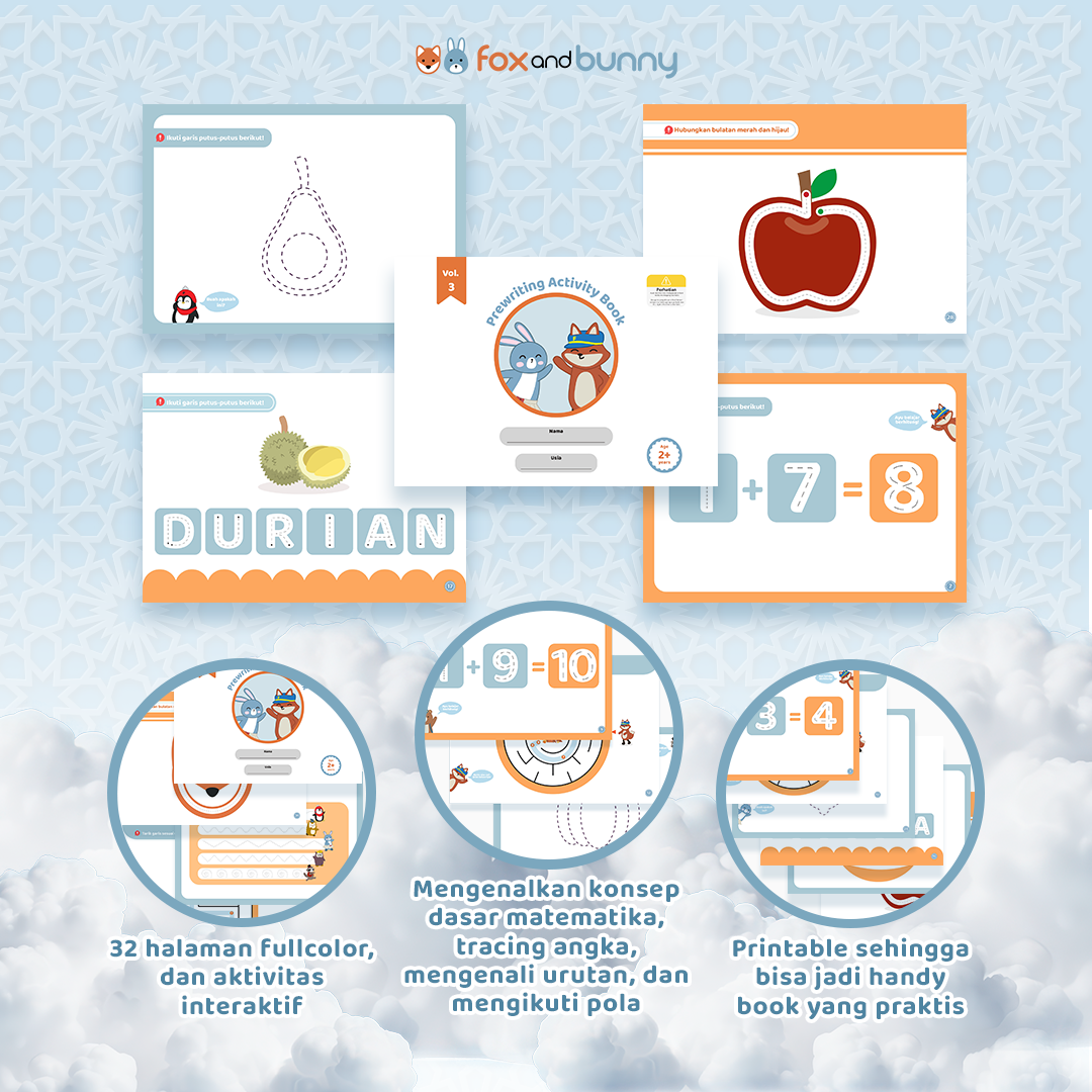 Foxandbunny - Pre-Writing Activity Book Vol. 3 | E-Book Edukasi Bayi Anak Usia 2+ Tahun | Buku Aktivitas Pra-tulis Untuk Si Kecil