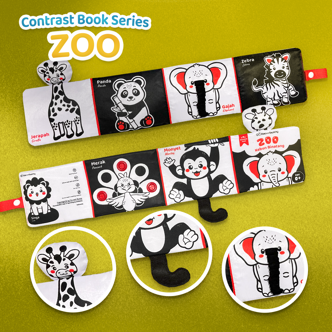 Foxandbunny Mainan Bayi Buku Edukasi Tummy Time Hitam Putih Contrast Book Usia 0-6 Bulan Baby Book Tema Zoo Kebun Binatang