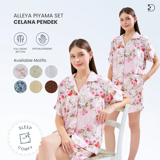 Alleya Piyama Set Celana Pendek - DYD Label - One Set Bahan Rayon