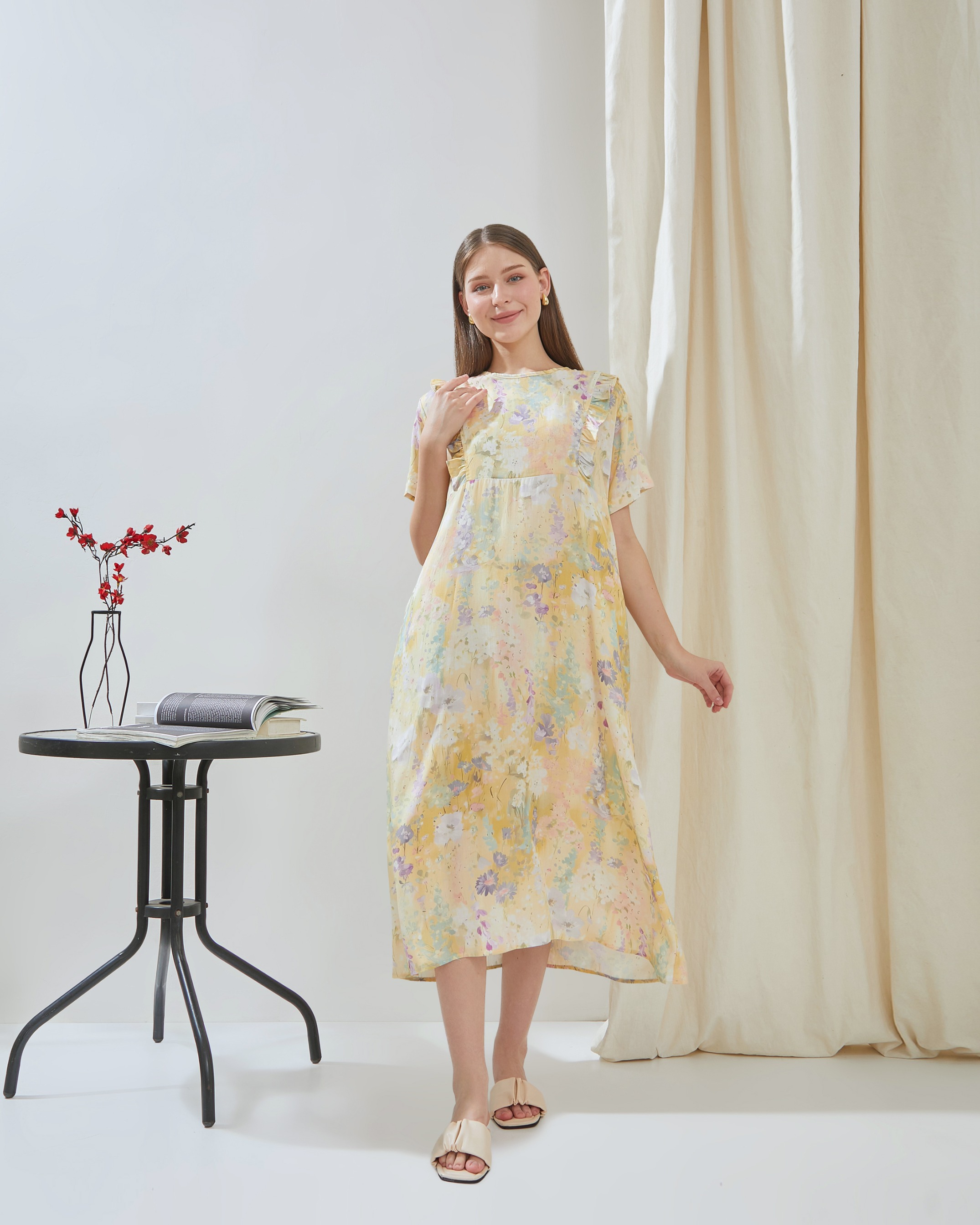 Maudy Midi Dress Menyusui - DYD Label - Homedress Bahan Rayon Bukaan Samping