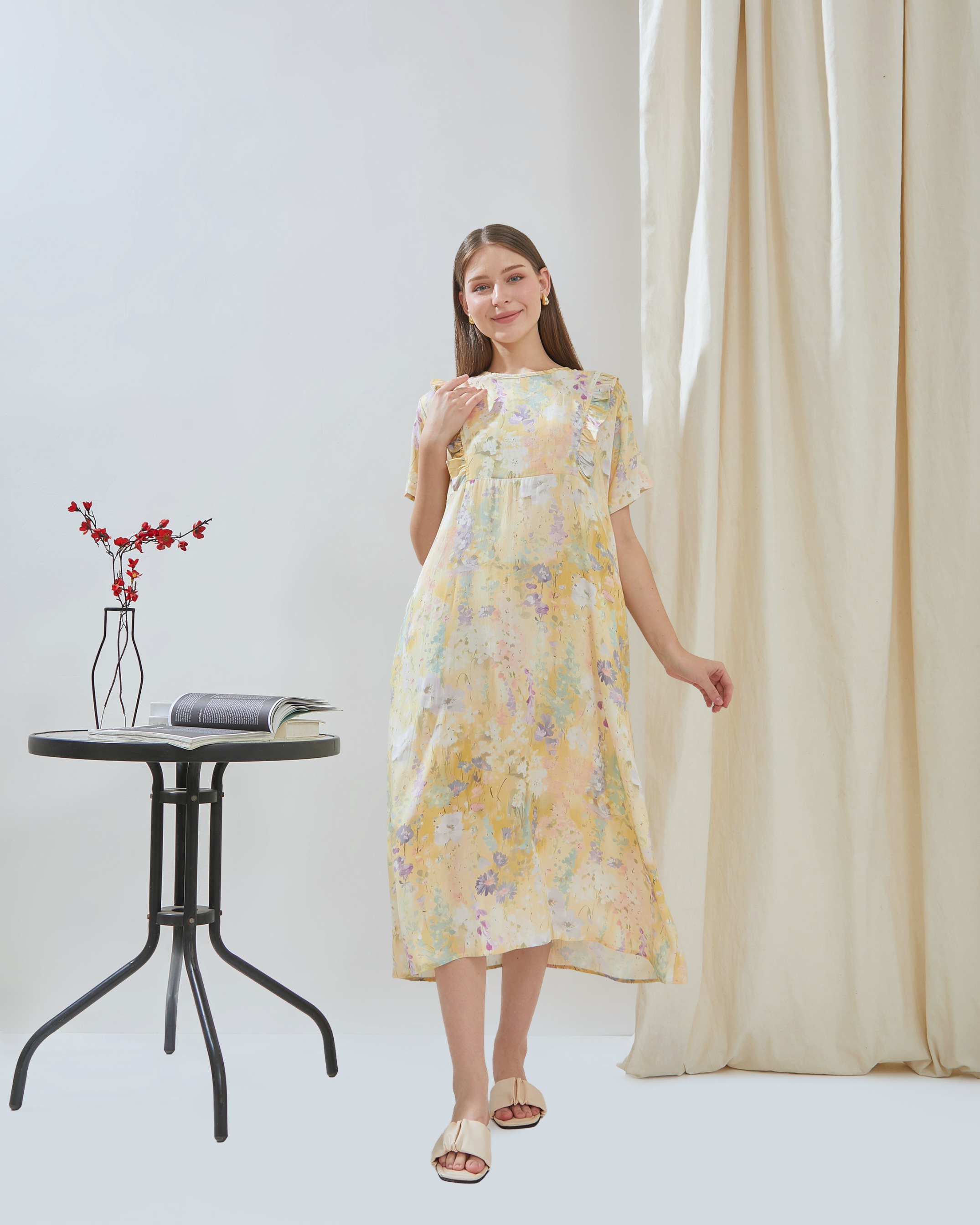 Maudy Midi Dress Menyusui - DYD Label - Homedress Bahan Rayon Bukaan Samping
