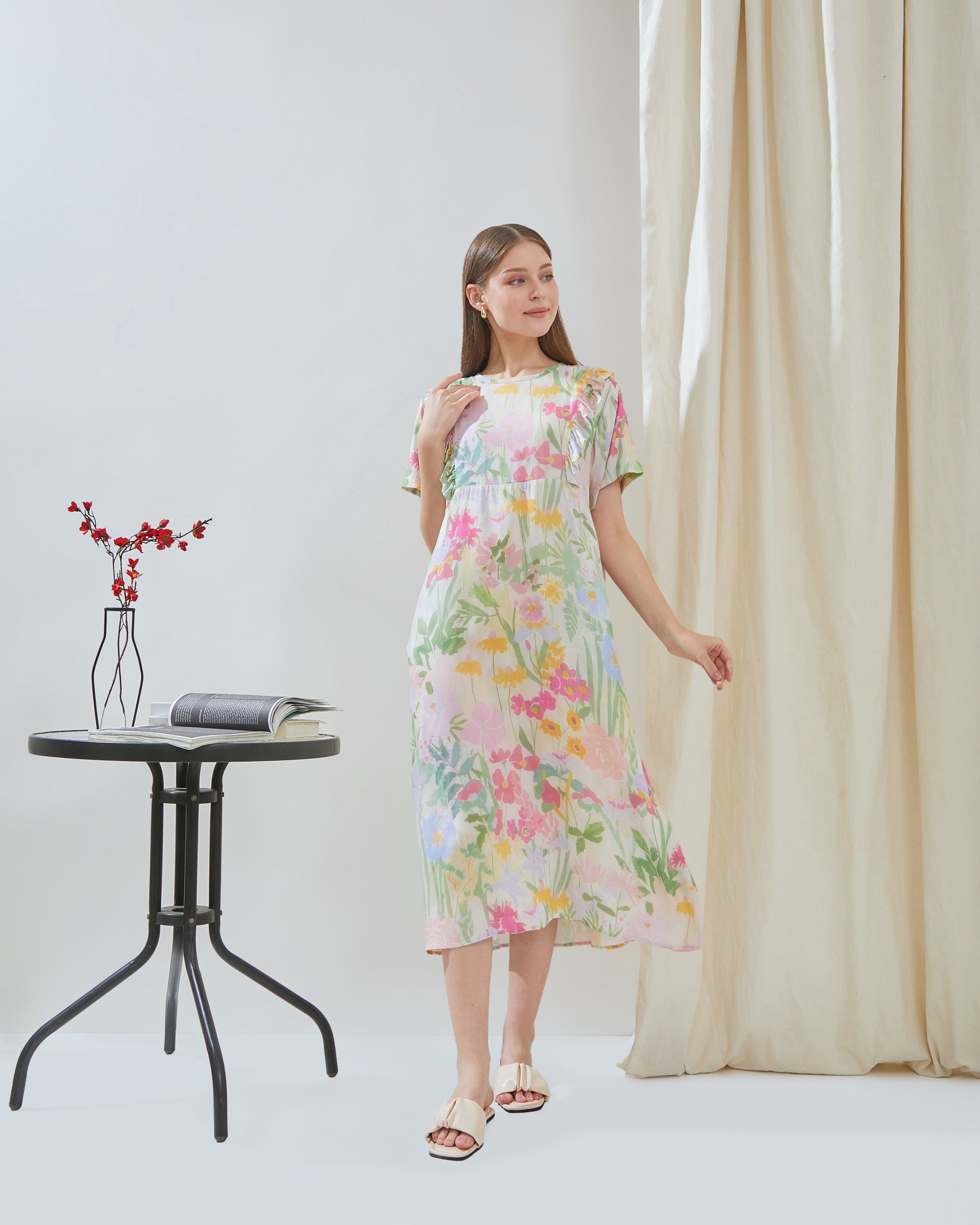 Maudy Midi Dress Menyusui - DYD Label - Homedress Bahan Rayon Bukaan Samping