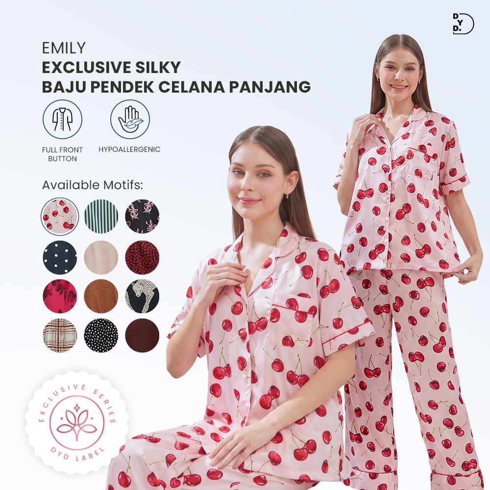 Emily Piyama Exclusive Silky Series Baju Pendek & Celana Panjang - DYD Label - One Set Bahan Silk