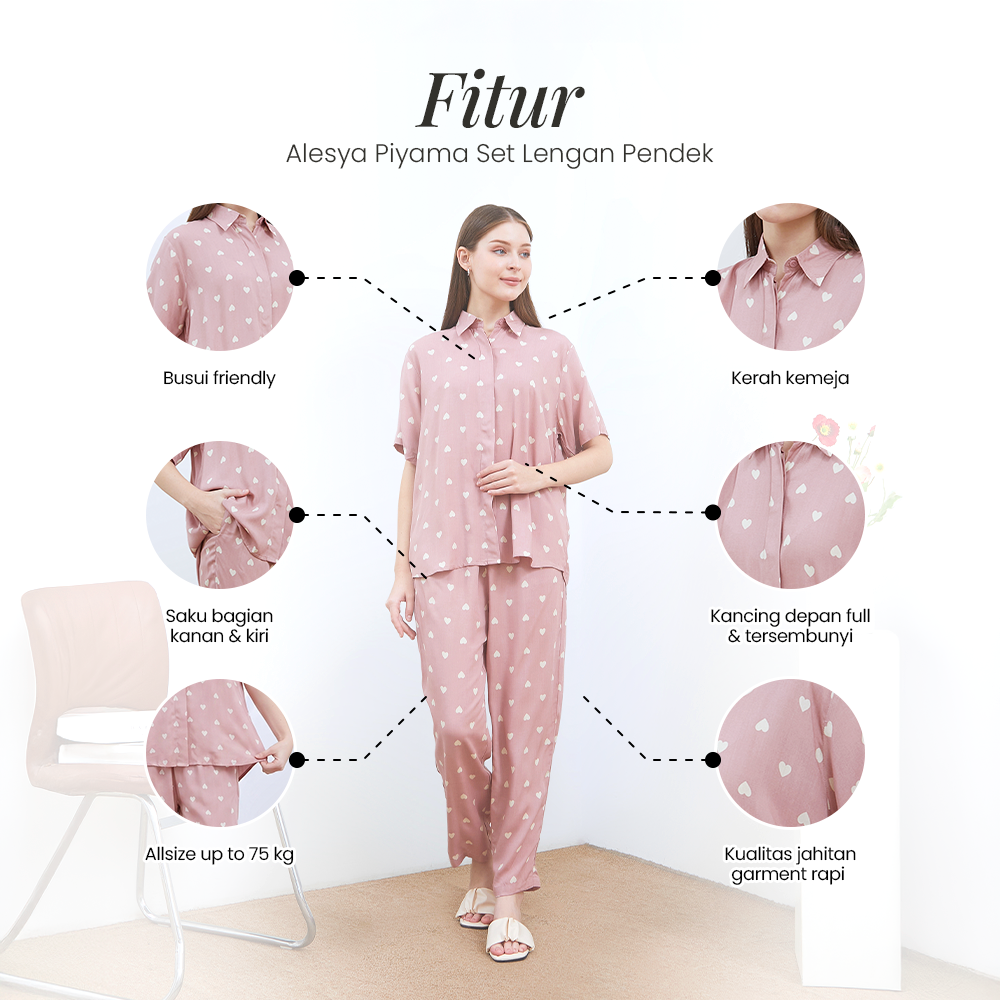 Alesya Piyama Set Lengan Pendek - DYD Label - One Set Bahan Rayon