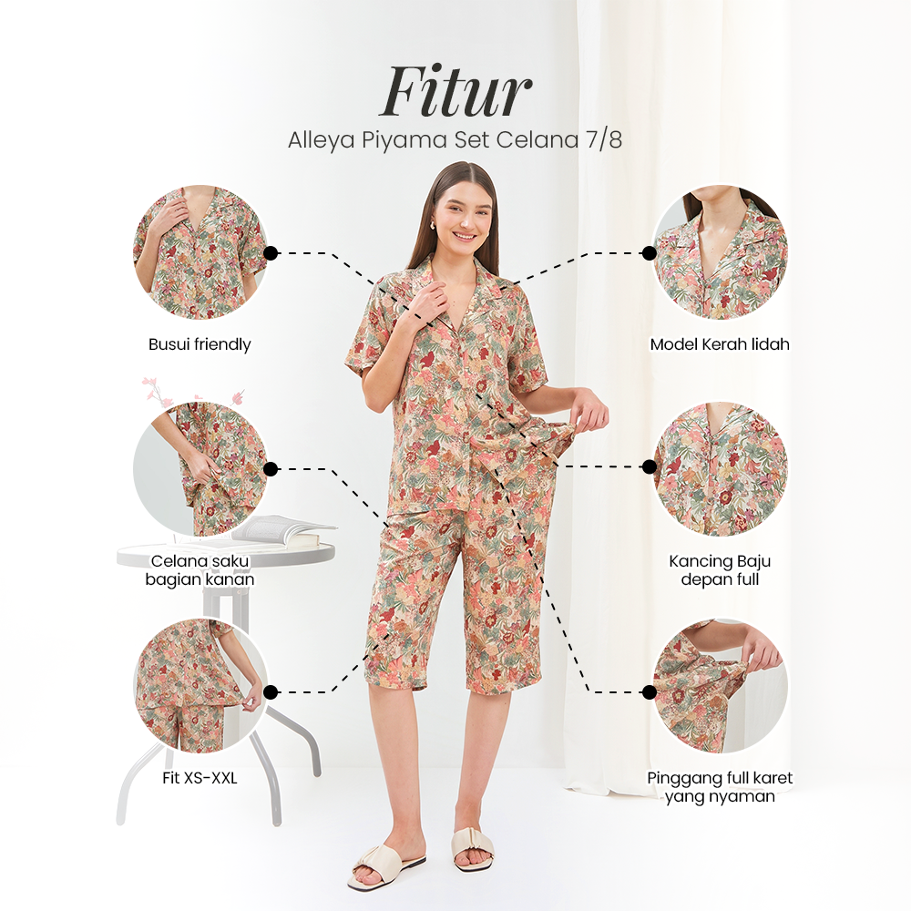 Alleya Piyama Set Celana 7/8 - DYD Label - One Set Bahan Rayon