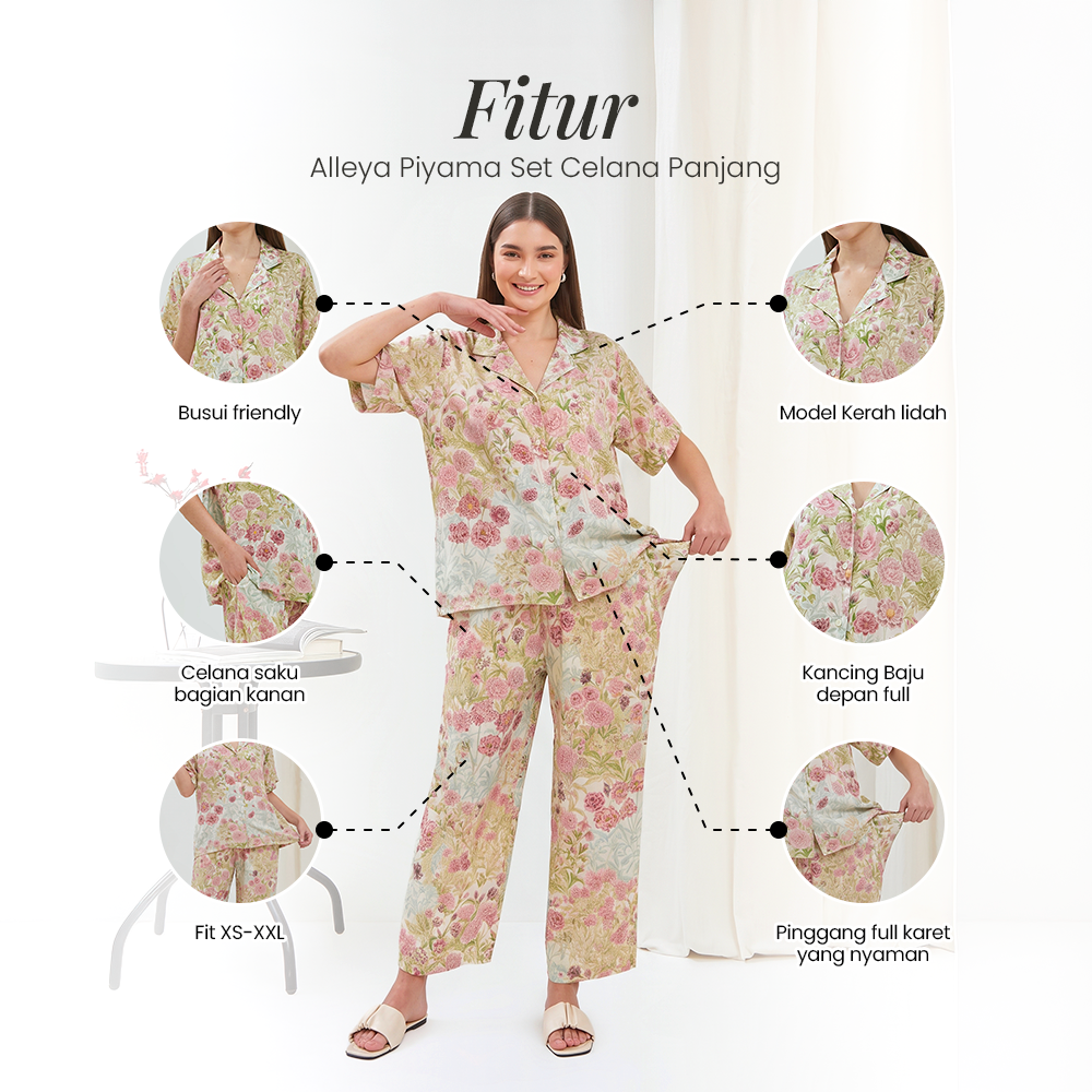 Alleya Piyama Set Celana Panjang - DYD Label - One Set Bahan Rayon