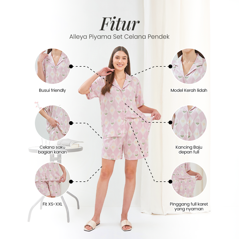 Alleya Piyama Set Celana Pendek - DYD Label - One Set Bahan Rayon