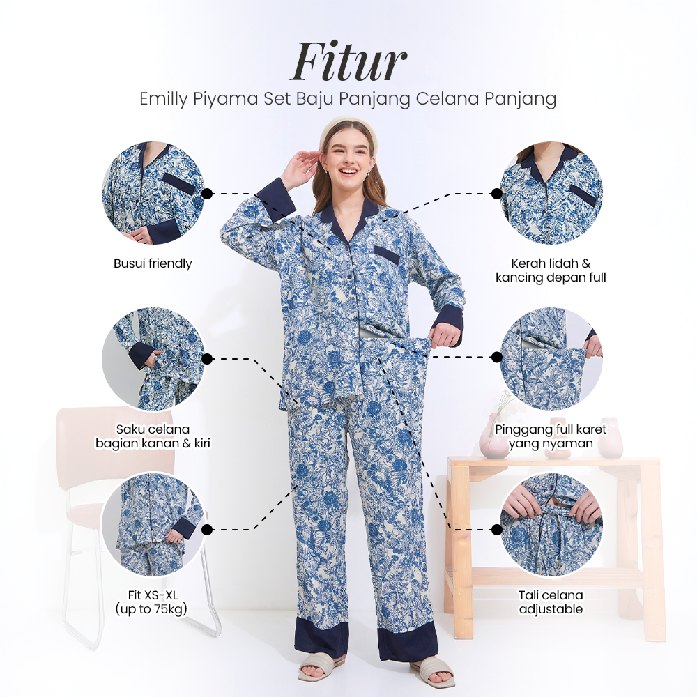 Emily Piyama Baju Panjang & Celana Panjang - DYD Label - One Set Bahan Rayon