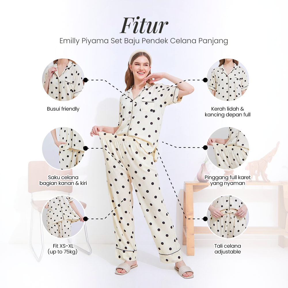 Emily Piyama Baju Pendek & Celana Panjang - DYD Label - One Set Bahan Rayon