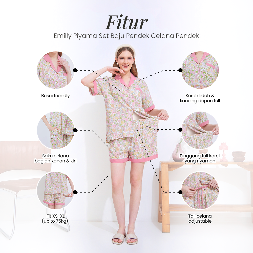 Emily Piyama Baju Pendek & Celana Pendek - DYD Label - One Set Bahan Rayon