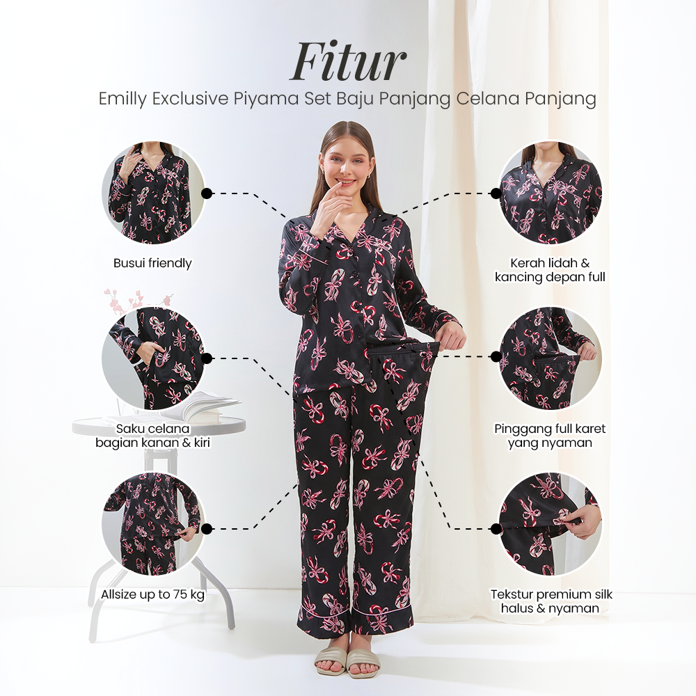 Emily Piyama Exclusive Silky Series Baju Panjang & Celana Panjang - DYD Label - One Set Bahan Silk