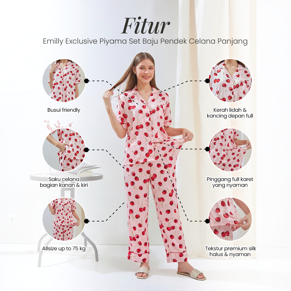 Emily Piyama Exclusive Silky Series Baju Pendek & Celana Panjang - DYD Label - One Set Bahan Silk