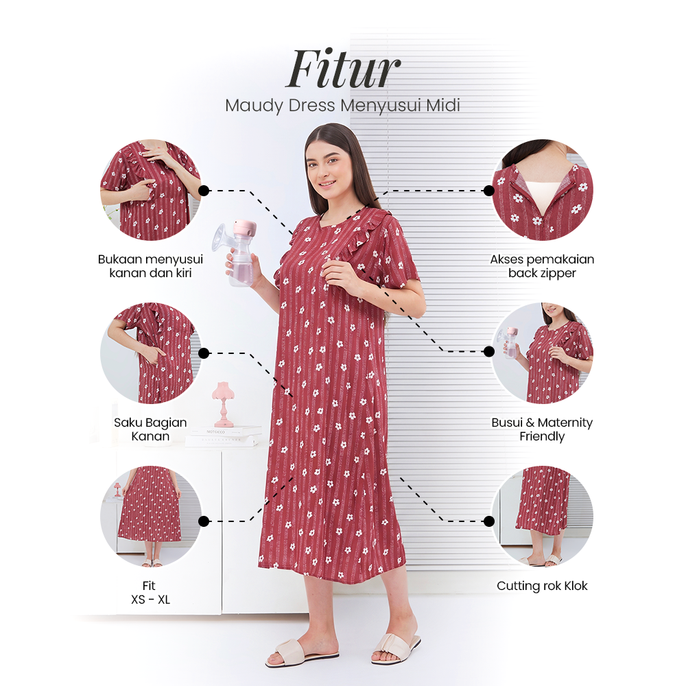 Maudy Midi Dress Menyusui - DYD Label - Homedress Bahan Rayon Bukaan Samping