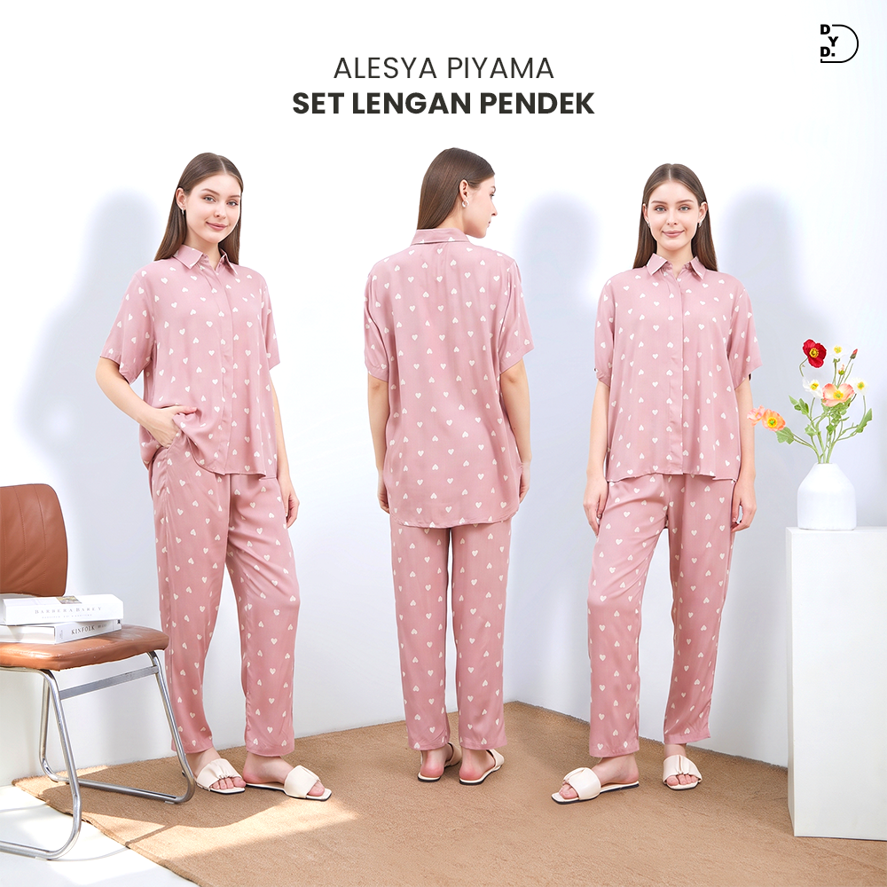 Alesya Piyama Set Lengan Pendek - DYD Label - One Set Bahan Rayon