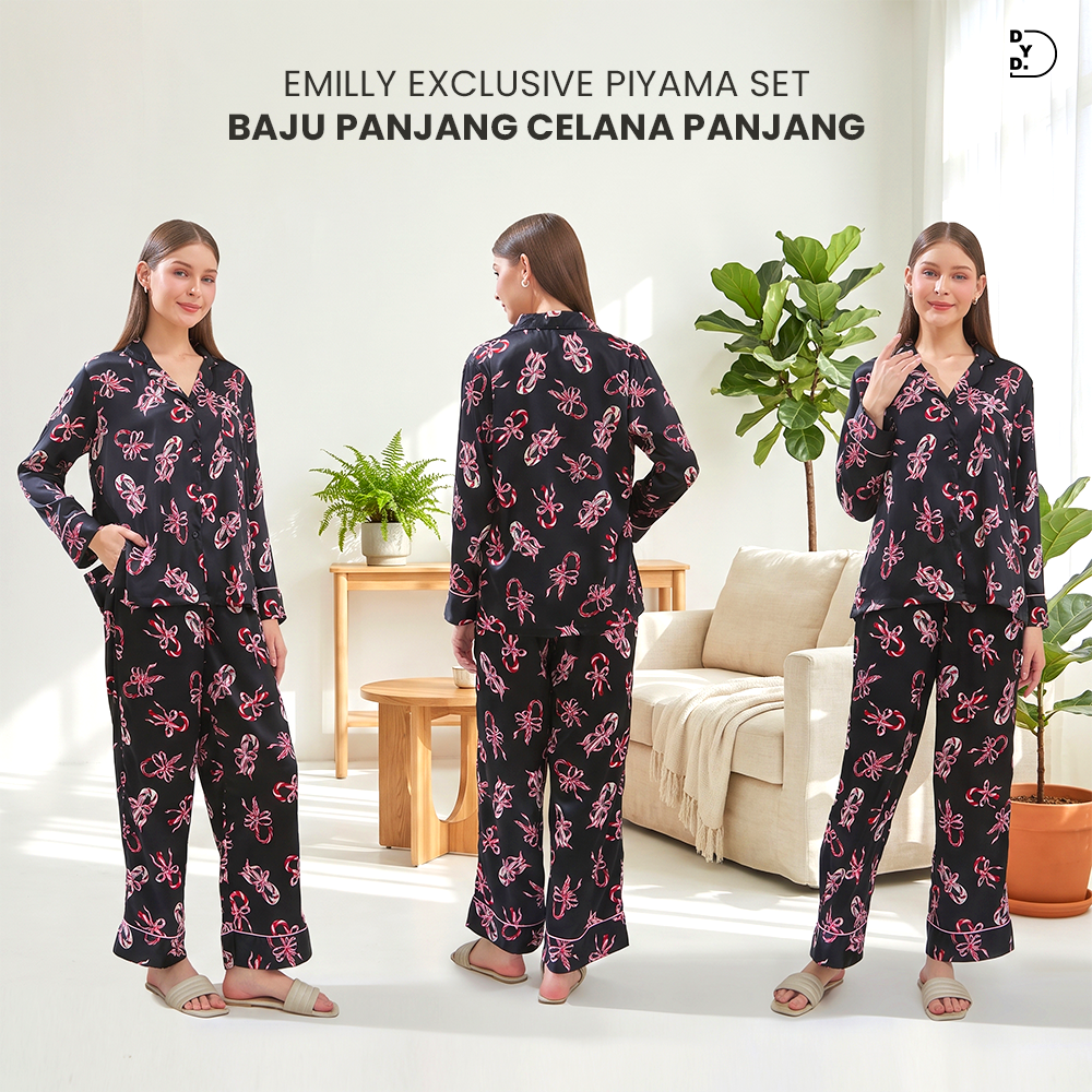 Emily Piyama Exclusive Silky Series Baju Panjang & Celana Panjang - DYD Label - One Set Bahan Silk