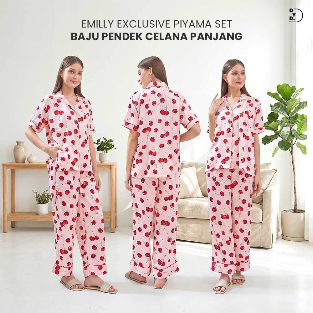 Emily Piyama Exclusive Silky Series Baju Pendek & Celana Panjang - DYD Label - One Set Bahan Silk