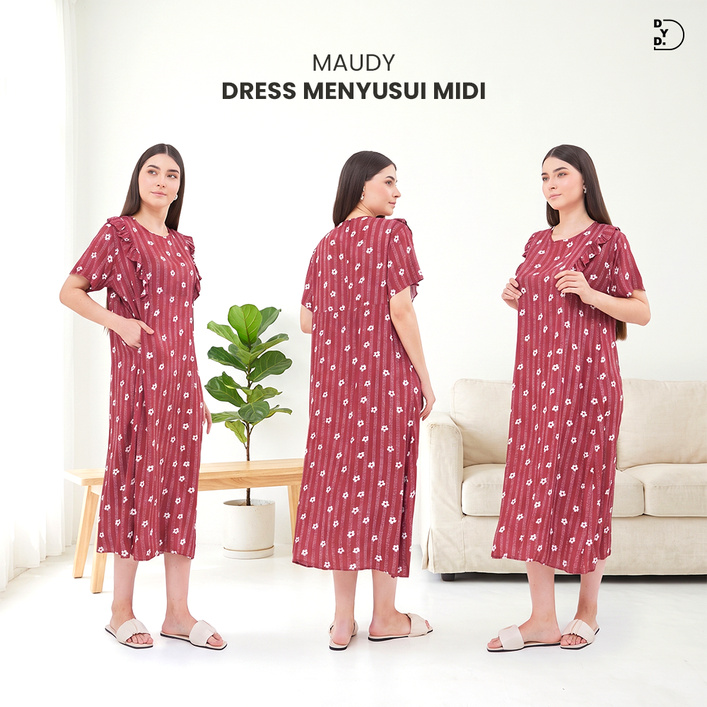 Maudy Midi Dress Menyusui - DYD Label - Homedress Bahan Rayon Bukaan Samping
