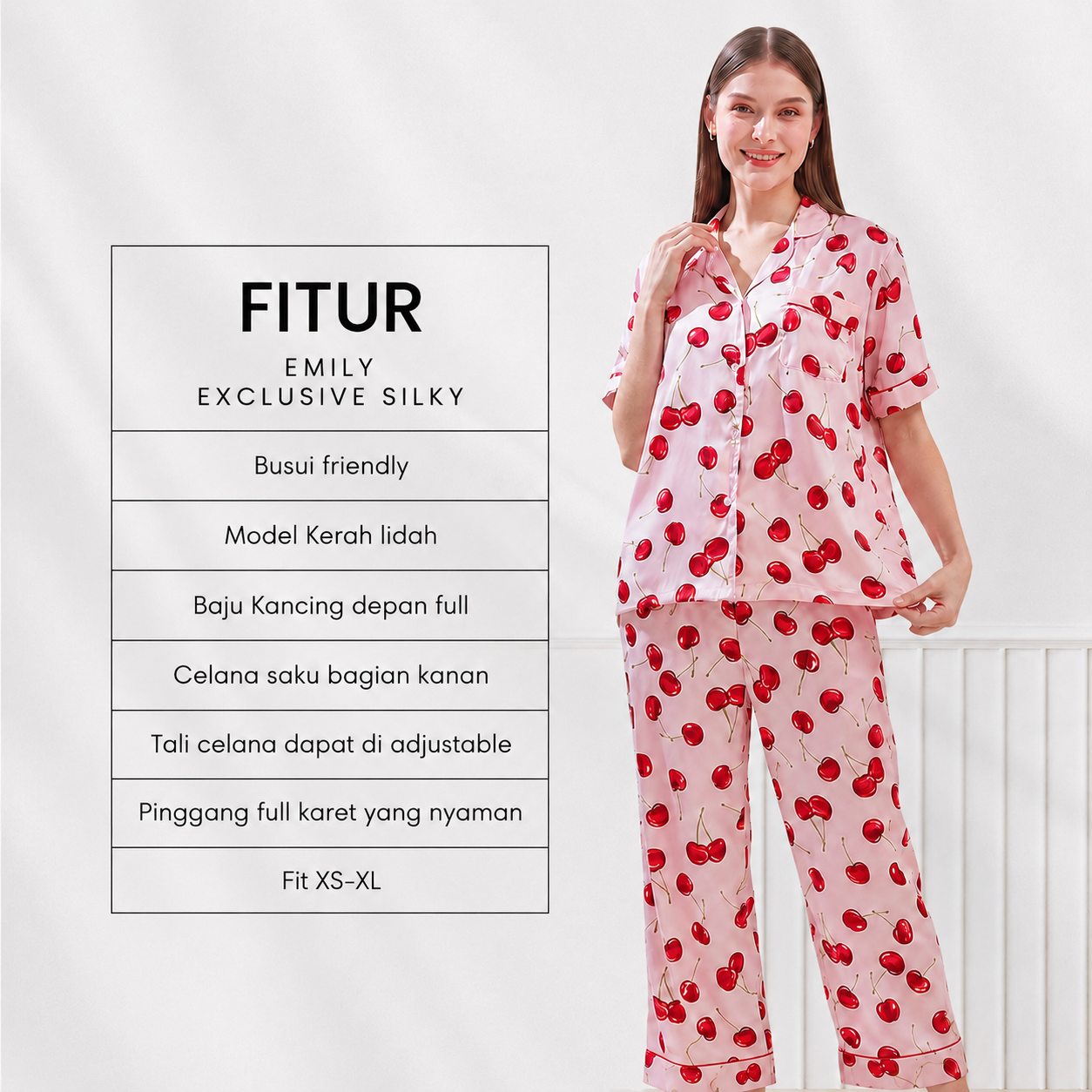 Emily Piyama Exclusive Silky Series Baju Pendek & Celana Panjang - DYD Label - One Set Bahan Silk