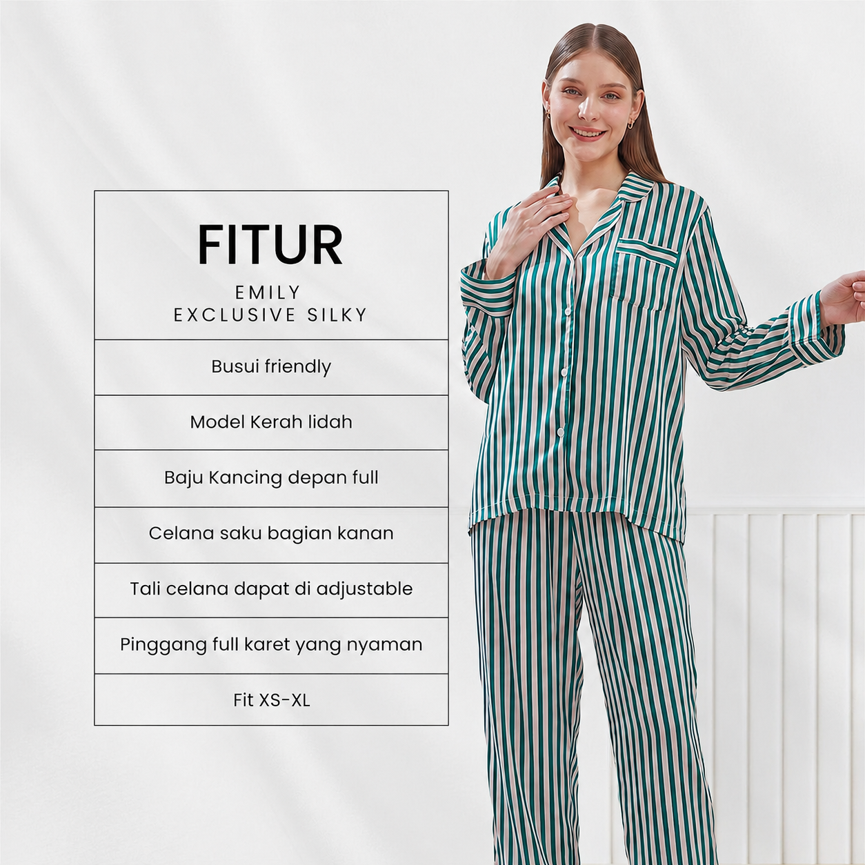 Emily Piyama Exclusive Silky Series Baju Panjang & Celana Panjang - DYD Label - One Set Bahan Silk