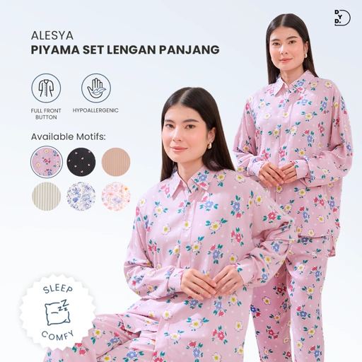 Image of Alesya Piyama Set Lengan Panjang - DYD Label - One Set Bahan Rayon