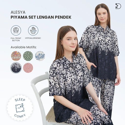 Image of Alesya Piyama Set Lengan Pendek - DYD Label - One Set Bahan Rayon
