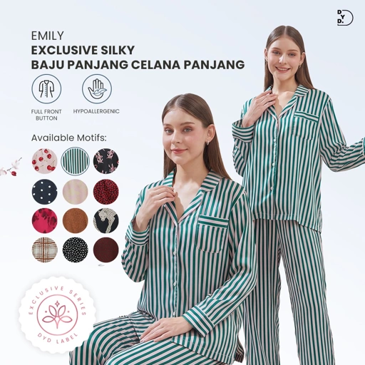 Emily Piyama Exclusive Silky Series Baju Panjang & Celana Panjang - DYD Label - One Set Bahan Silk
