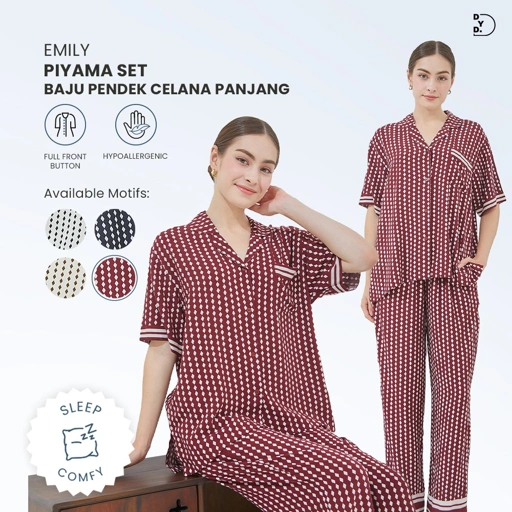 Image of Emily Piyama Baju Pendek & Celana Panjang - DYD Label - One Set Bahan Rayon