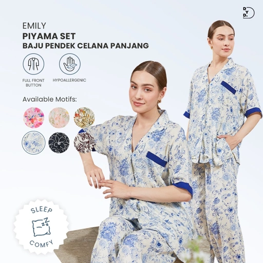Image of Emily Piyama Baju Pendek & Celana Panjang - DYD Label - One Set Bahan Rayon