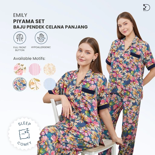 Image of Emily Piyama Baju Pendek & Celana Panjang - DYD Label - One Set Bahan Rayon