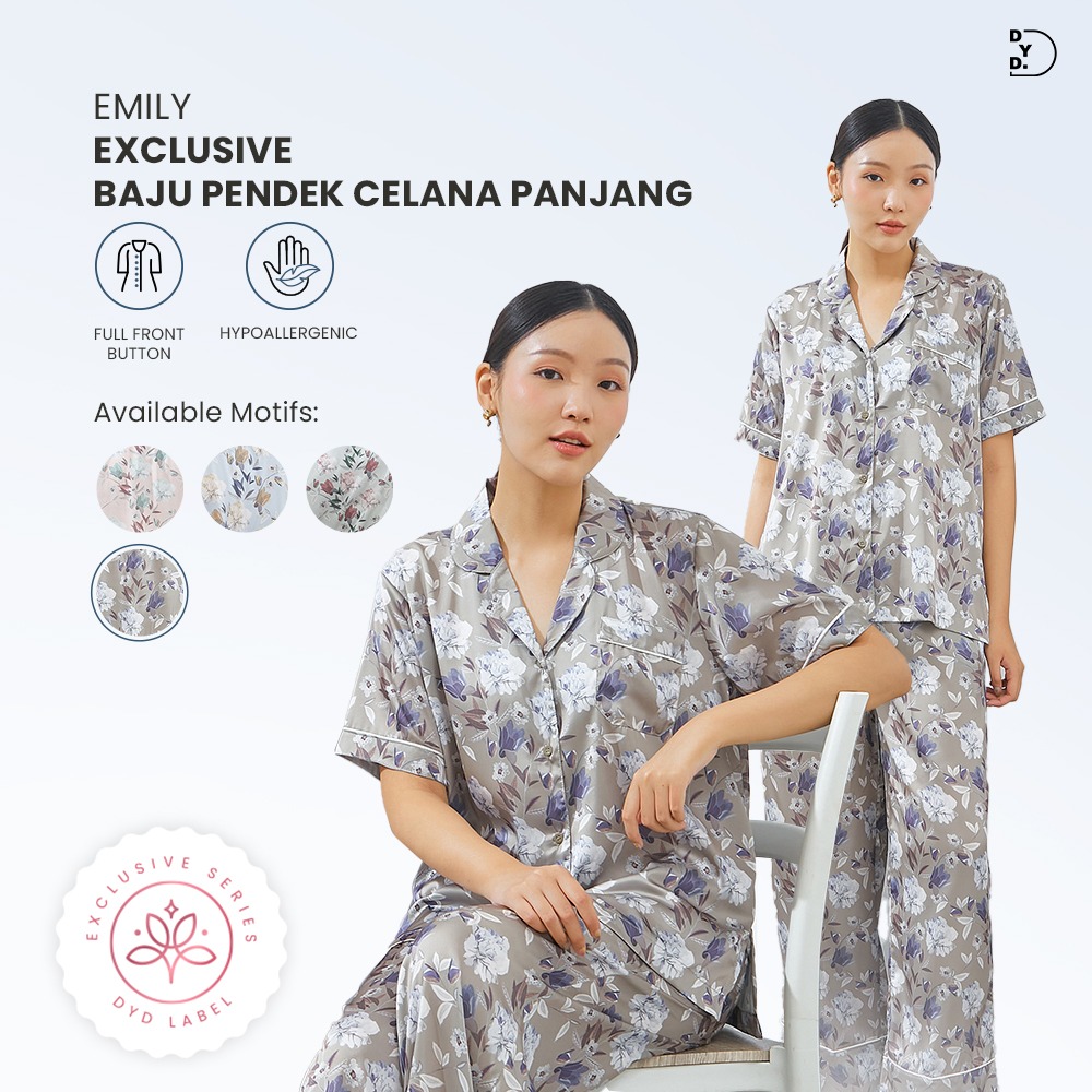 Emily Piyama Exclusive Series Baju Pendek & Celana Panjang - DYD Label - One Set Bahan Organic Silk