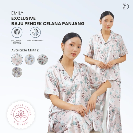 Image of Emily Piyama Exclusive Series Baju Pendek & Celana Panjang - DYD Label - One Set Bahan Organic Silk